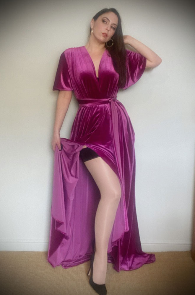 Magenta Velvet Claudia Flutter Gown - an evening dress with a sash waist. A signature piece by Alexandra King for Deadly is the Female.