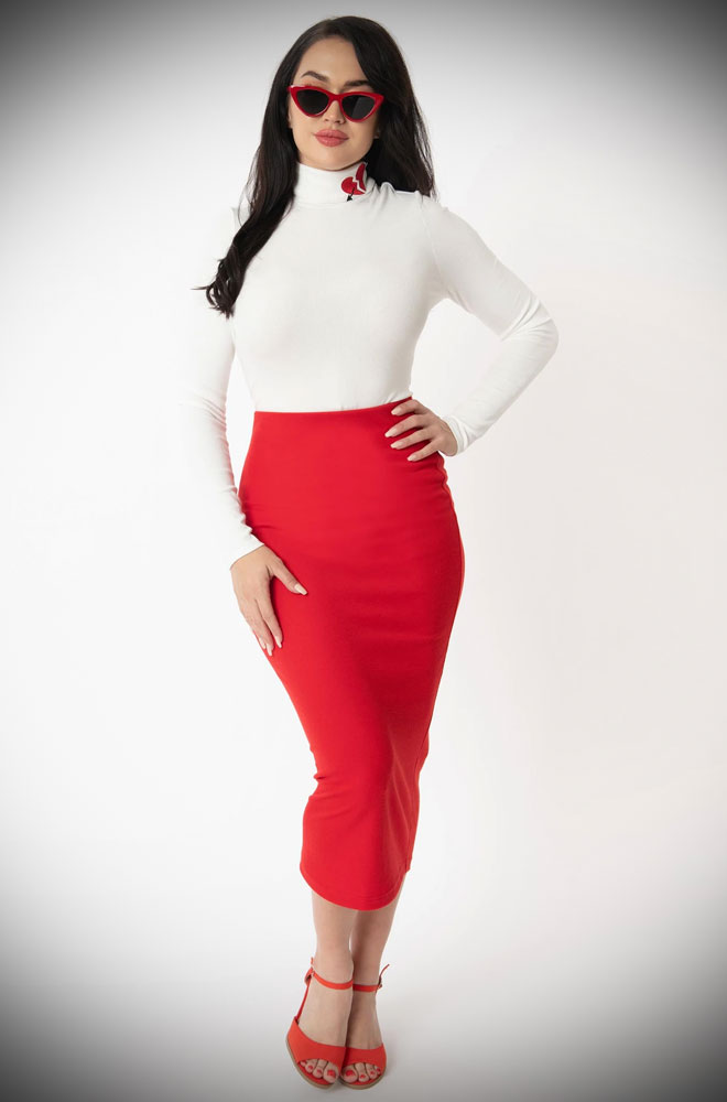 The Red Cyd Midi Skirt is a 1950s inspired knit skirt. The ideal way to add some vintage-inspired style to your wardrobe, day or night. 