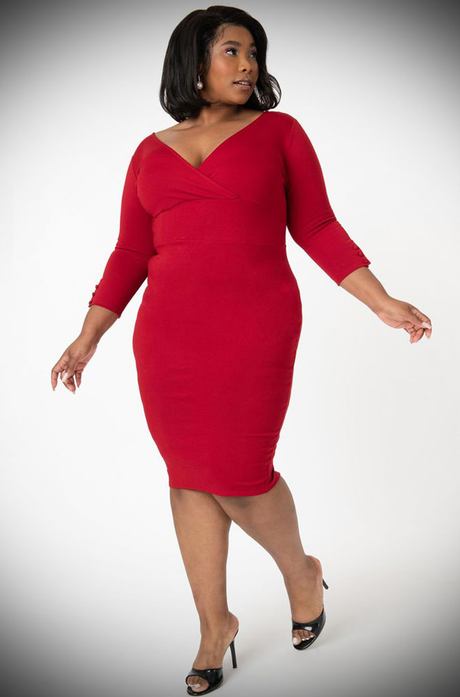 Red Lyddie Wiggle Dress - a classic & sultry little red dress. Instant vintage glamour. Deadly are official stockists of Unique Vintage.