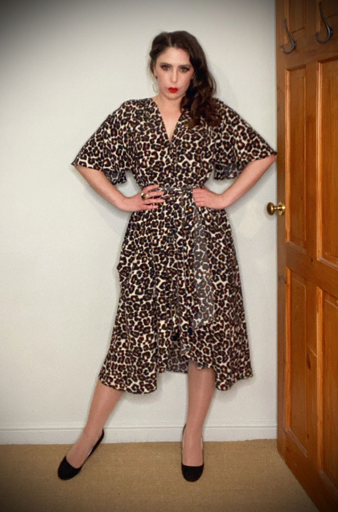 Leopard Flutter Claudia Dress - a vintage-style draped dress with sash waist. A signature piece by Alexandra King for Deadly is the Female.