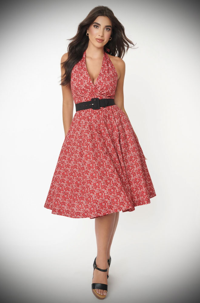 Bandana Swing Dress - a beautiful 50s style halter dress with pockets. Deadly is the Female are official stockists of Unique Vintage.
