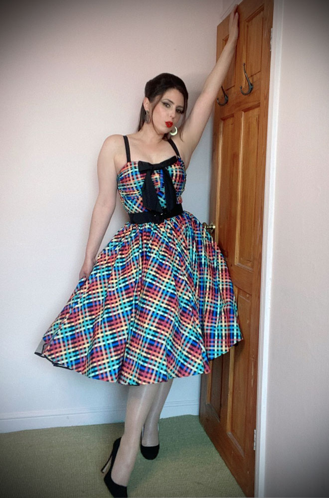 Rainbow Golightly Swing Dress - a beautiful 50s style dress. Deadly is the Female are official stockists of Unique Vintage.