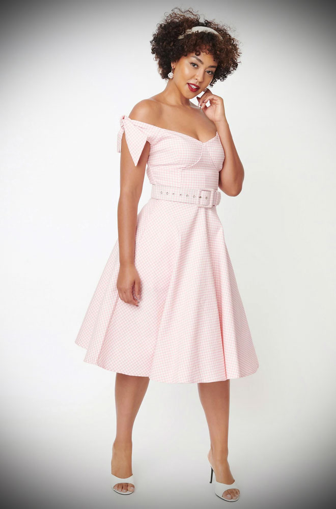 Gingham Prairie Swing Dress - a pink gingham 50s dress, designed to turn heads! Deadly are official stockists of Unique Vintage