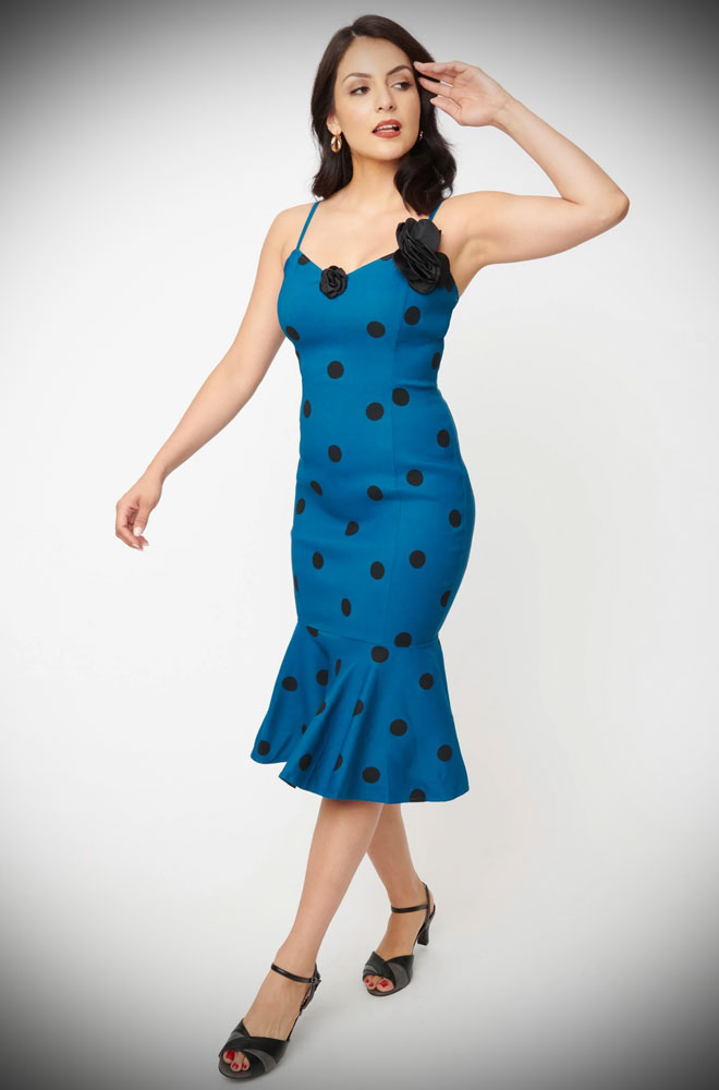 Teal Dot Rizzo Dress - mermaid wiggle dress inspired by Rizzo's outfit in Grease. Deadly are official stockists of Unique Vintage.  
