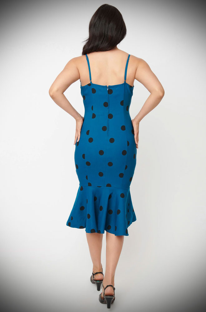 Teal Dot Rizzo Dress - mermaid wiggle dress inspired by Rizzo's outfit in Grease. Deadly are official stockists of Unique Vintage.  
