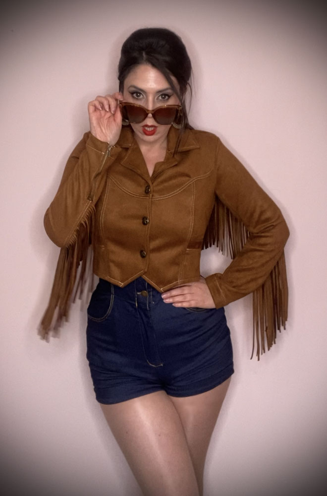 Cattle Call Jacket - a faux suede cropped jacket with western-inspired details & fringing! Deadly are official stockists of Unique Vintage.  