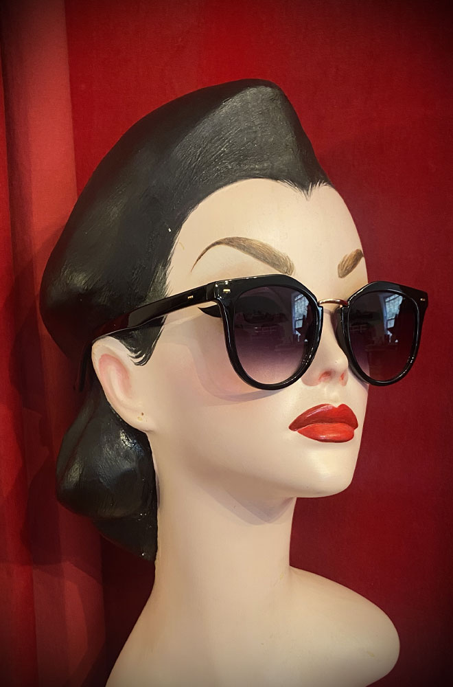 Vintage-style Black Clara sunglasses at Deadly is the Female. Effortlessly add some pinup glamour to your day with these sunnies