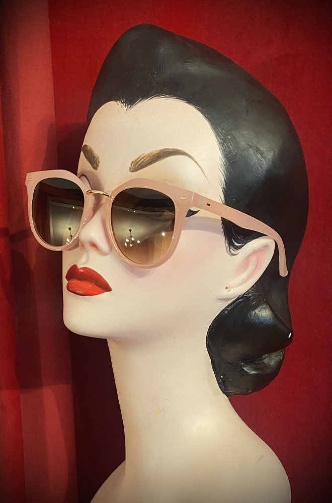 Vintage-style Pink Clara sunglasses at Deadly is the Female. Effortlessly add some pinup glamour to your day with these sunnies