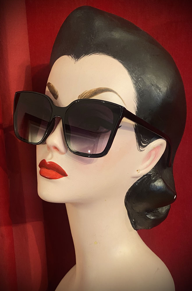 Vintage-style Black Farrah sunglasses at Deadly is the Female. Effortlessly add some pinup glamour to your day with these sunnies