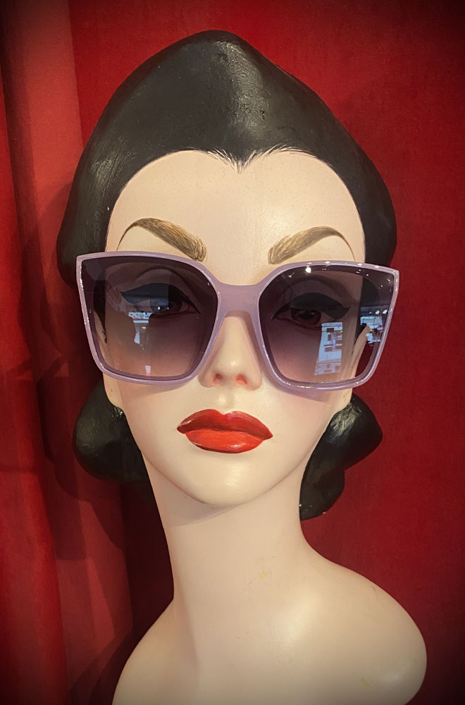 Vintage-style Lilac Farrah sunglasses at Deadly is the Female. Effortlessly add some pinup glamour to your day with these sunnies