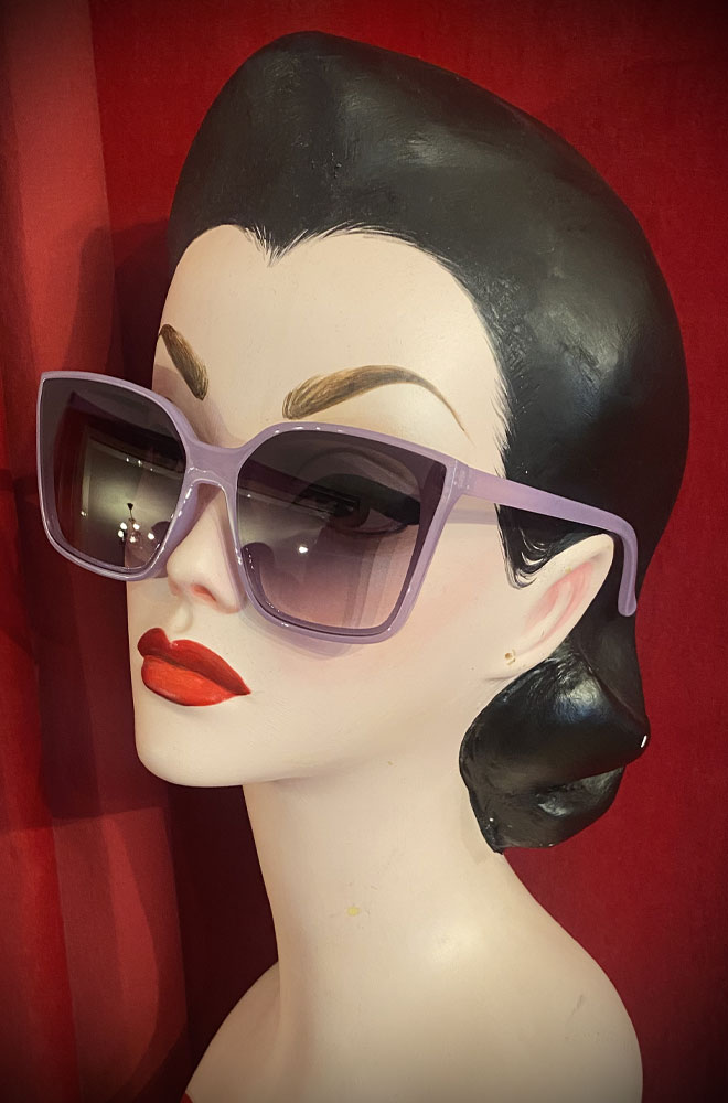 Vintage-style Lilac Farrah sunglasses at Deadly is the Female. Effortlessly add some pinup glamour to your day with these sunnies