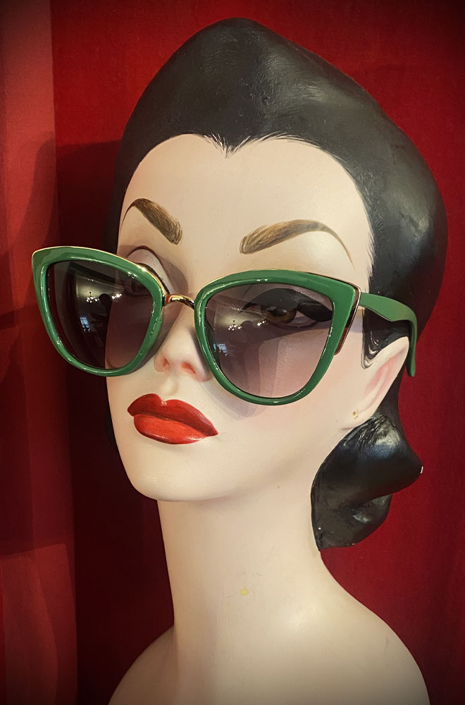 Vintage-style Green Kennedy Sunglasses at Deadly is the Female. Effortlessly add some pinup glamour to your day with these sunnies