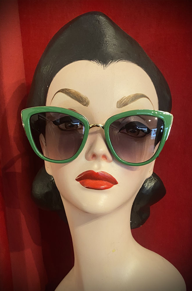 Vintage-style Green Kennedy Sunglasses at Deadly is the Female. Effortlessly add some pinup glamour to your day with these sunnies