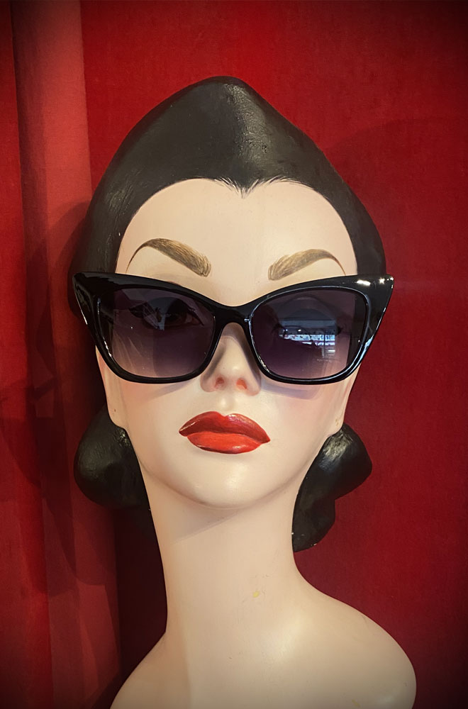 Vintage-style Black Sass sunglasses at Deadly is the Female. Effortlessly add some pinup glamour to your day with these sunnies