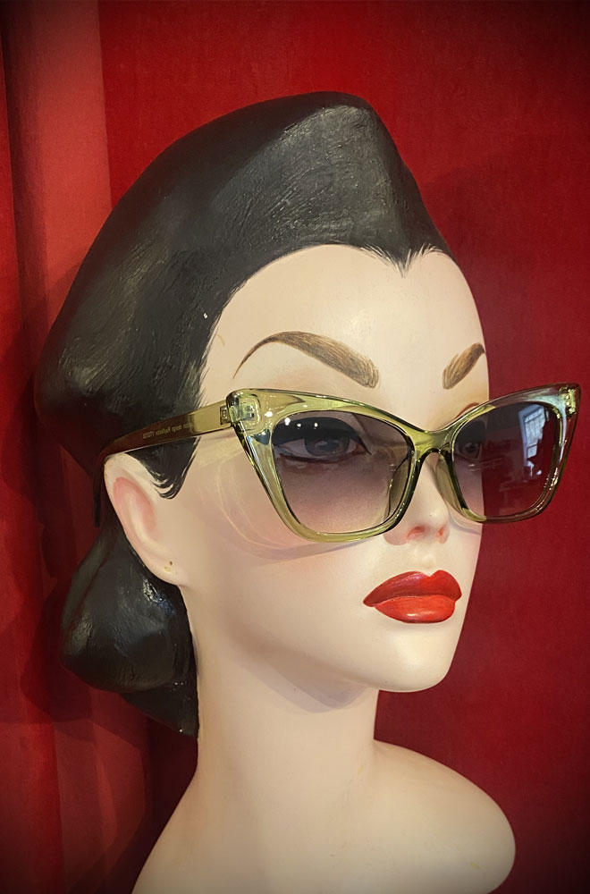 Vintage-style Green Sass sunglasses at Deadly is the Female. Effortlessly add some pinup glamour to your day with these sunnies