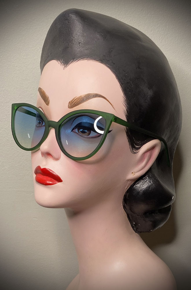 Vintage-style Green Cassie sunglasses at Deadly is the Female. Effortlessly add some modern pinup glamour to your day!