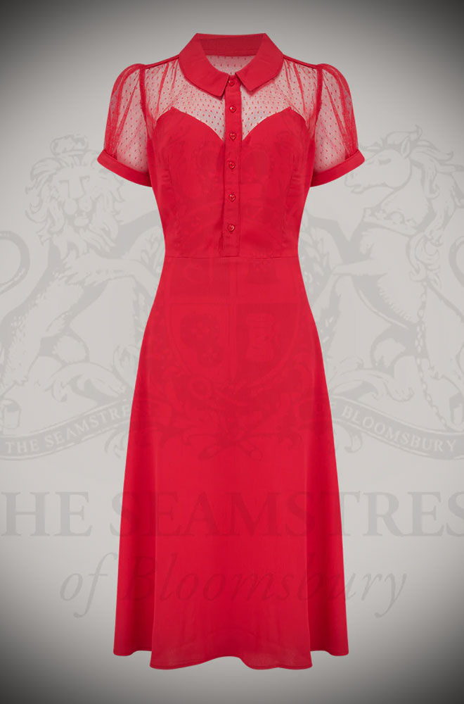 The Florence Dress - a classic 40s-inspired dress in red with spotted netting. Elegant & chic, this understated dress also has a sultry feel.