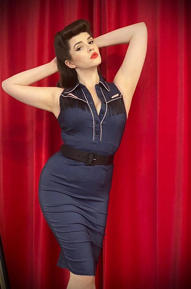 Western Wiggle Dress - stretch denim dress, designed to hug your curves. Deadly is the Female are official UK stockists of Unique Vintage.