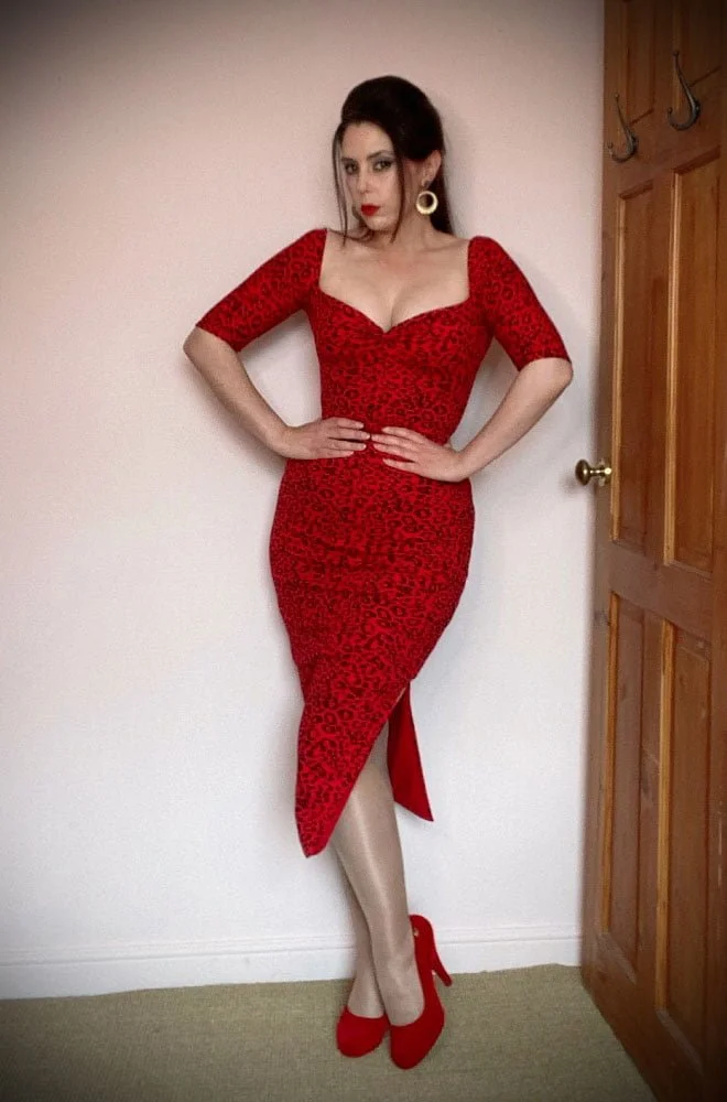 Red Leopard Lenore Dress - an audacious & sassy wiggle dress. Made in the UK by Alexandra King for Deadly is the Female Collection.