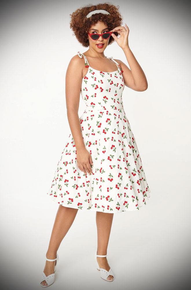 Cherry Print Bobbie Dress - an effortlessly elegant 50s style cherry dress. A perfect vintage dress, from sunny picnic to wedding dress!