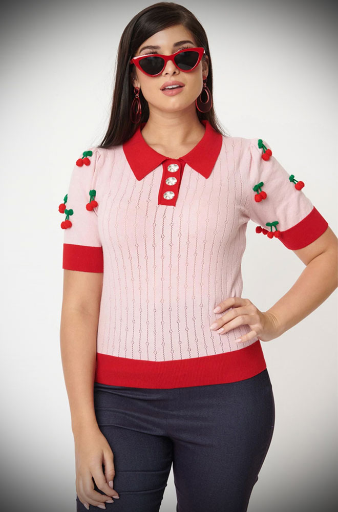 Cherry Jumper - featuring crochet pop-pom cherries! This kitsch separate is fun and versatile. Grab one for instant retro glamour.