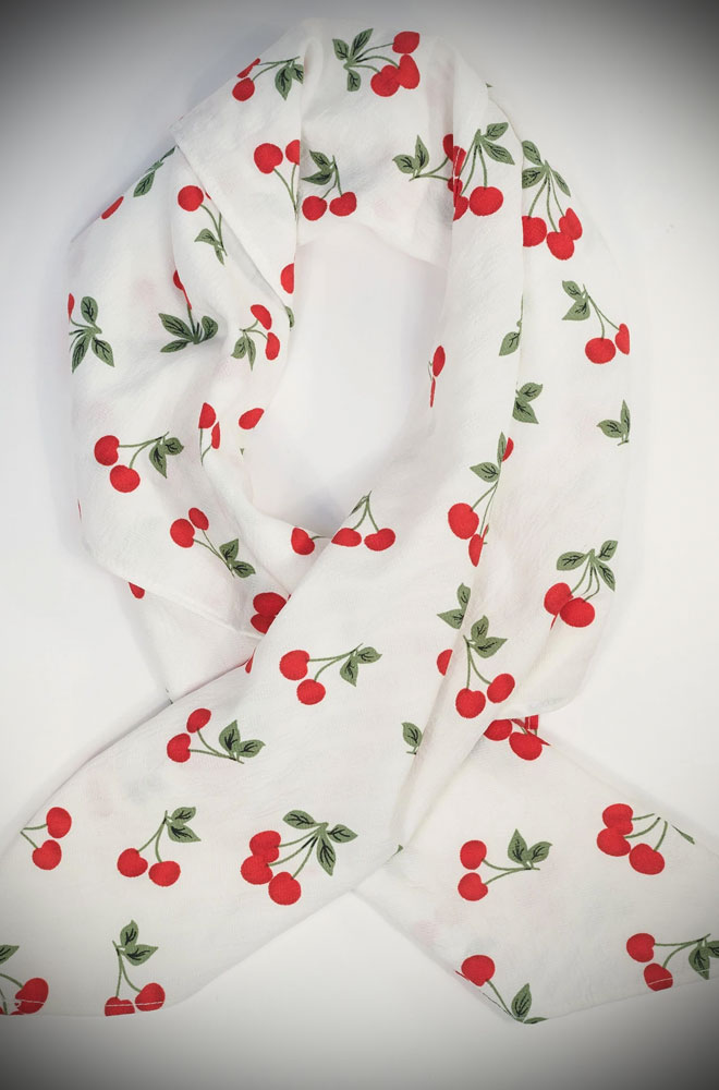 Present your perfect pin-up form with this chic Cherry hair scarf from Unique Vintage! Available now at DeadlyistheFemale.com