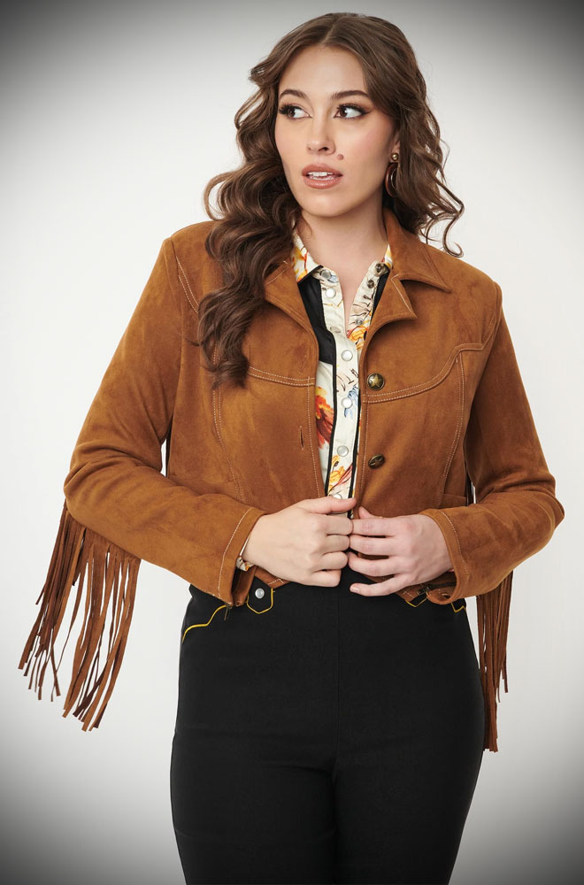 Cattle Call Jacket - a faux suede cropped jacket with western-inspired details & fringing! Deadly are official stockists of Unique Vintage.  