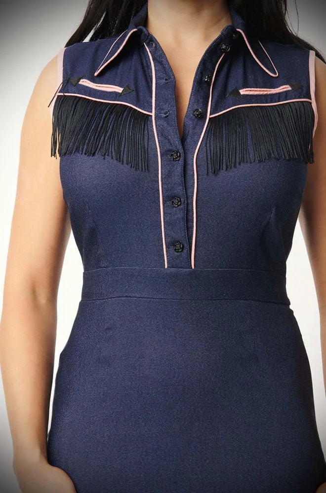 Western Wiggle Dress - stretch denim dress, designed to hug your curves. Deadly is the Female are official UK stockists of Unique Vintage.
