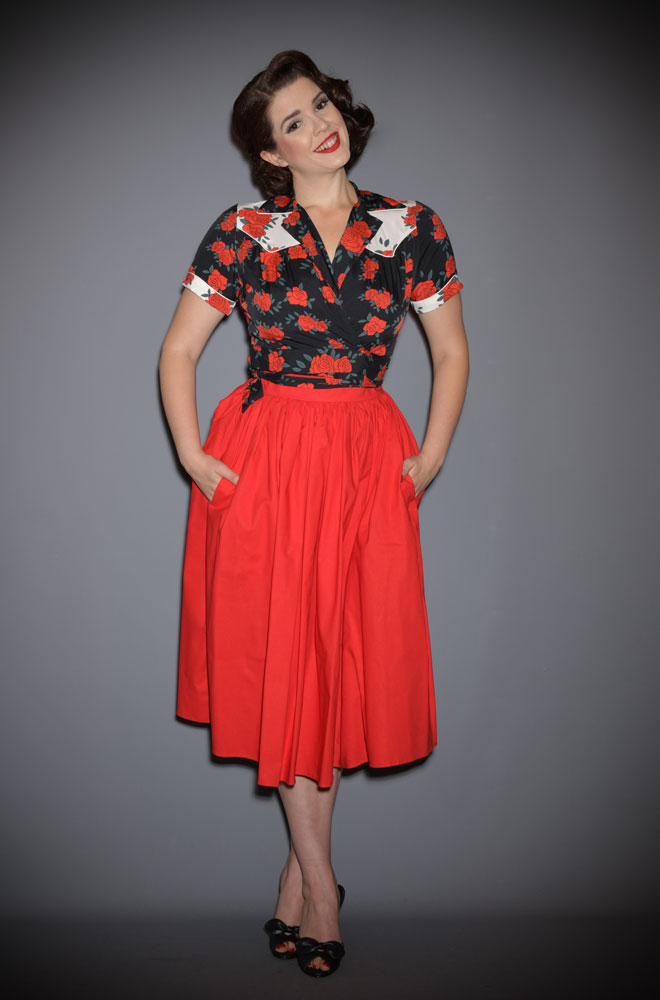 50s daywear in an instant with the red cotton Ann Skirt. A chic vintage-inspired skirt with pockets at Deadly is the Female. Made in the UK.