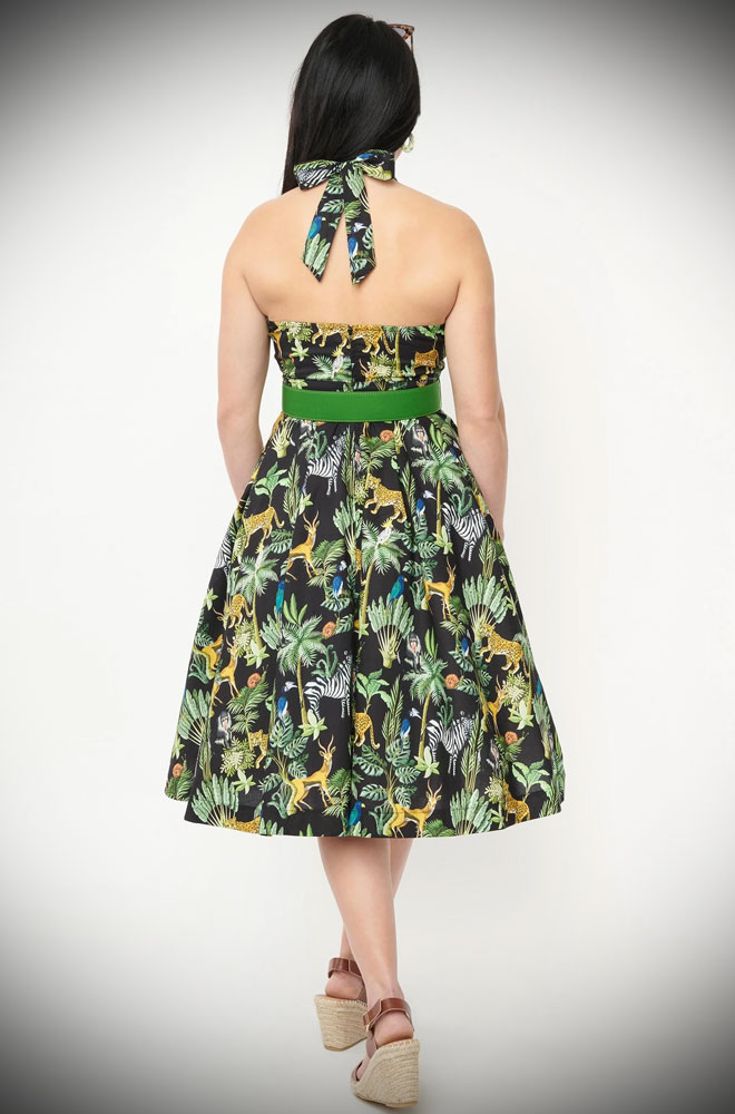 Jungle Swing Dress - a beautiful 50s style, cotton halter dress with pockets. Deadly is the Female are official stockists of Unique Vintage.