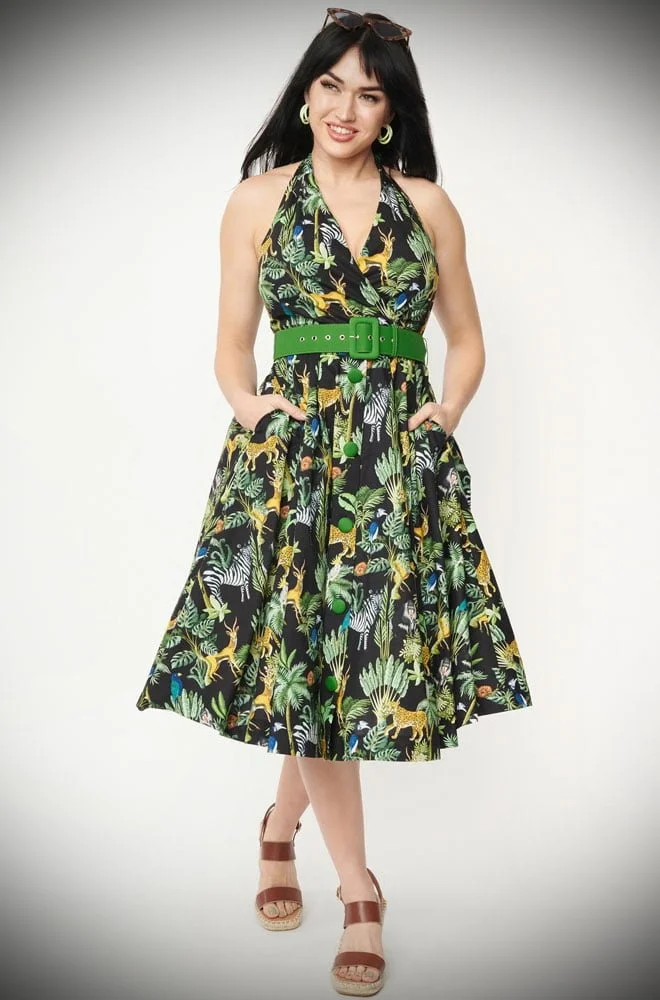 Jungle Swing Dress - a beautiful 50s style, cotton halter dress with pockets. Deadly is the Female are official stockists of Unique Vintage.