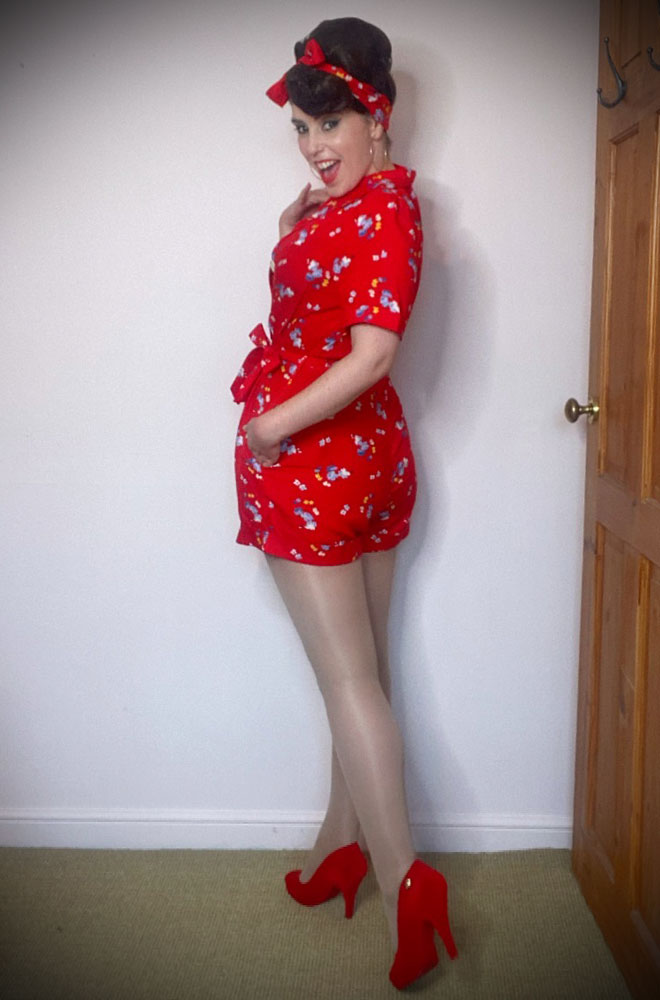 Red Floral Playsuit - a timeless 1940s-inspired romper in an authentic red floral print at DeadlyistheFemale.com. Perfect for pinup girls