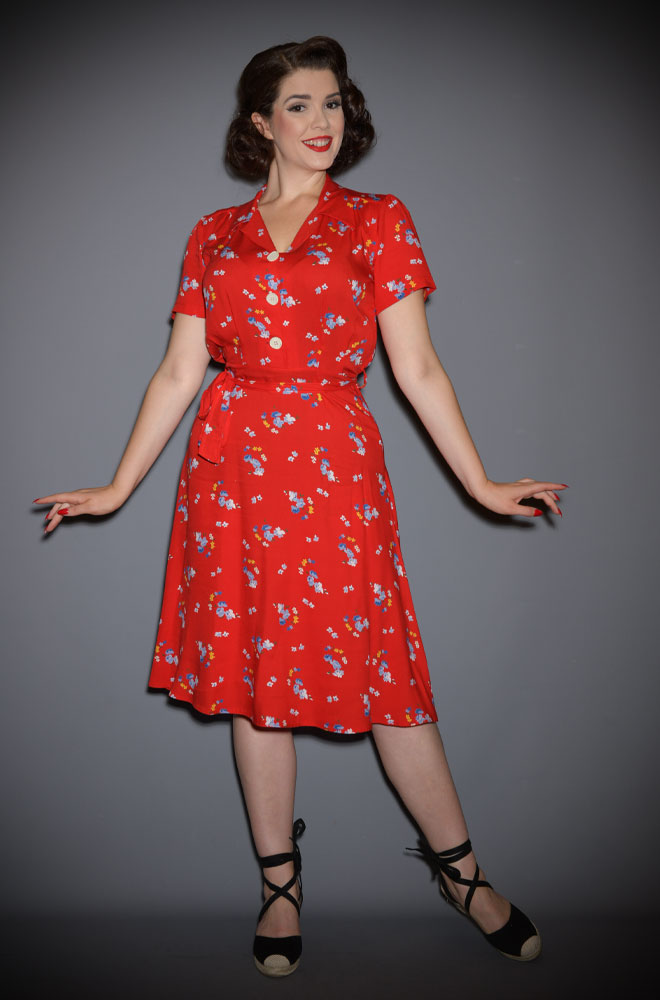 The Red Floral 40s Shirt Dress - a timeless 1940s-inspired dress in an authentic red floral print at DeadlyistheFemale.com