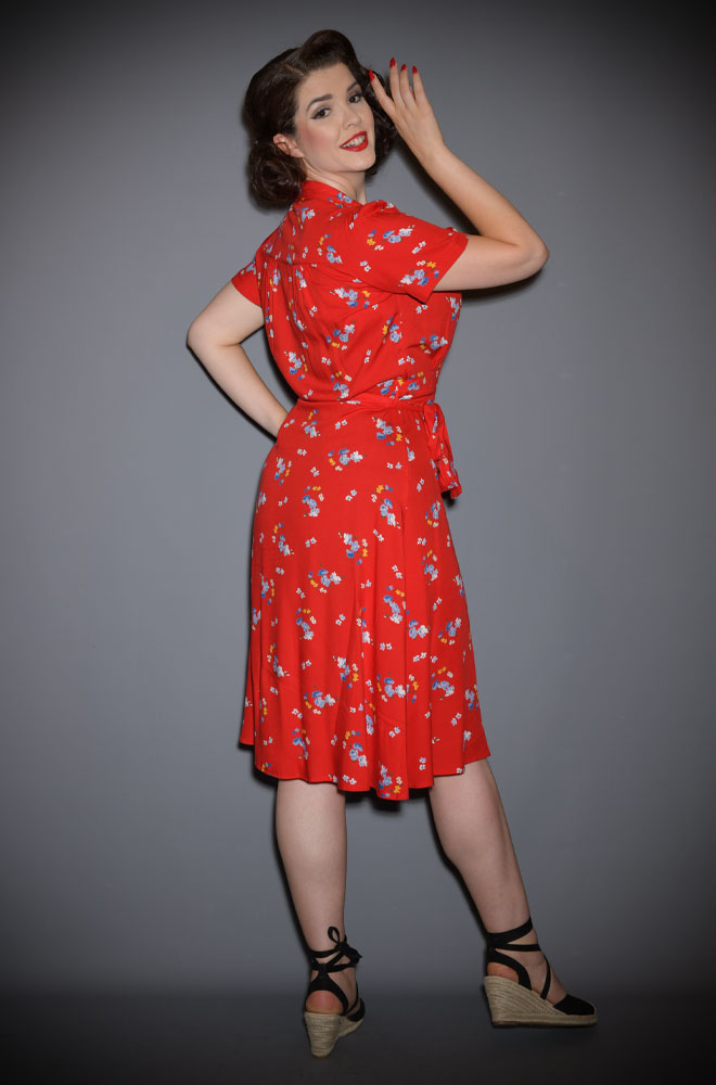 The Red Floral 40s Shirt Dress - a timeless 1940s-inspired dress in an authentic red floral print at DeadlyistheFemale.com