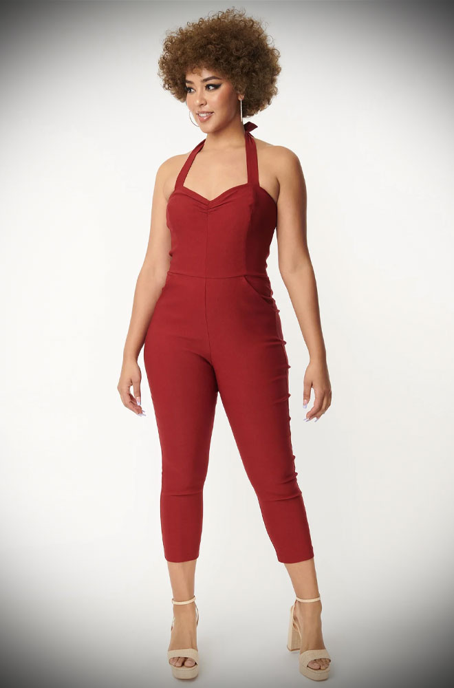 The Burgundy Marcel Jumpsuit is effortlessly cool! This sassy dark red jumpsuit is ideal to dress up or down! UK stockists of Unique Vintage.
