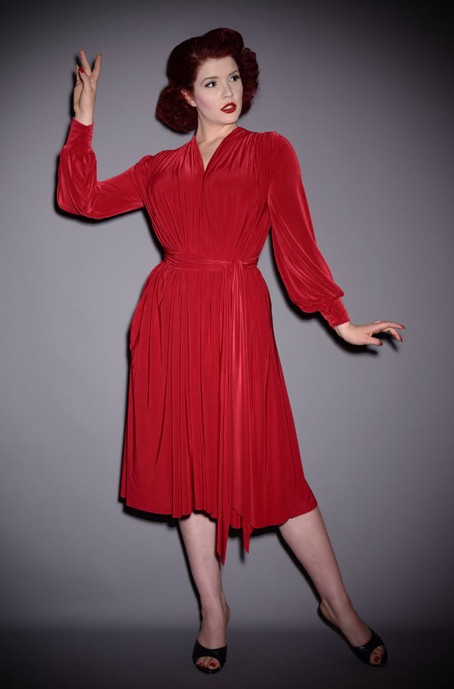 Deep Red Claudia Dress - draped jersey dress with sash waist & bishop sleeves. A signature piece for the Alexandra King for Deadly is the Female Collection.