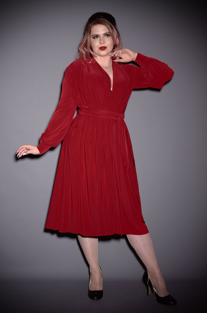 Deep Red Claudia Dress - draped jersey dress with sash waist & bishop sleeves. A signature piece for the Alexandra King for Deadly is the Female Collection.