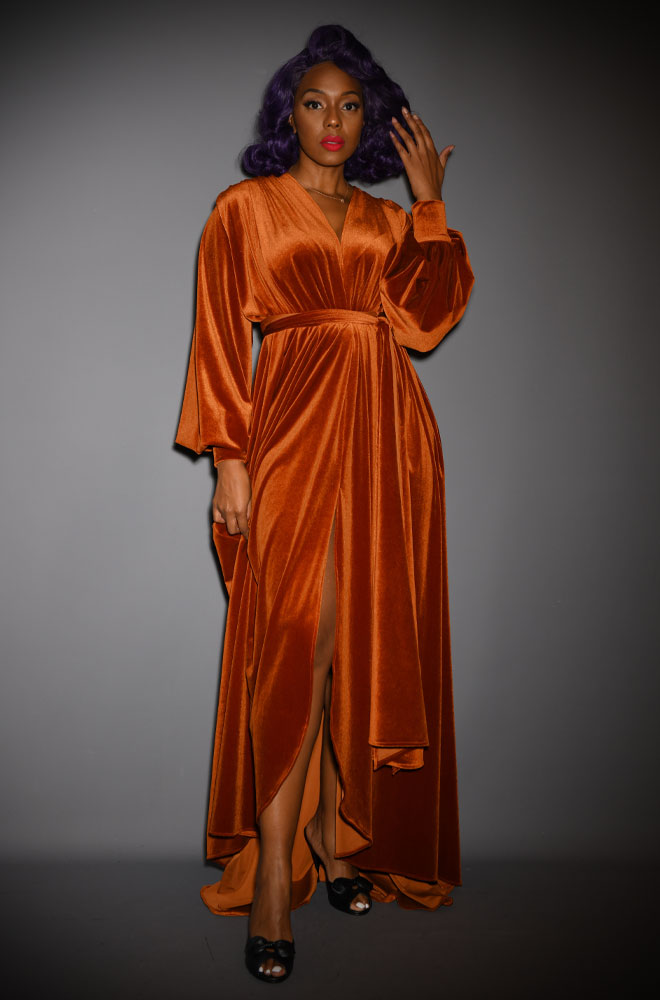 Pumpkin Spice Velvet Claudia Gown - draped velvet evening dress with sash & bishop sleeves. By Alexandra King for Deadly is the Female