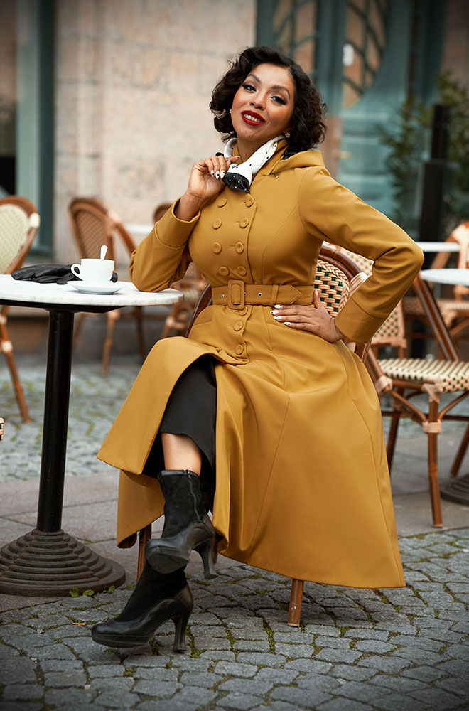 Lucinda Water Resistant Swing Coat - a stunning 1950s mustard coat with a hood. Deadly is the Female are Miss Candyfloss UK stockists