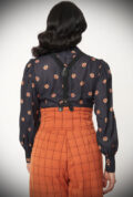 Pumpkin Gwen Blouse - a vintage-inspired pussy bow blouse by Unique Vintage at UK stockists, Deadly is the Female. Perfect for a pinup Halloween!