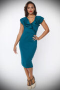 The Teal Wiggle Dress is a vintage style wiggle dress in a soft knit by Unique Vintage at UK stockists, Deadly is the Female.