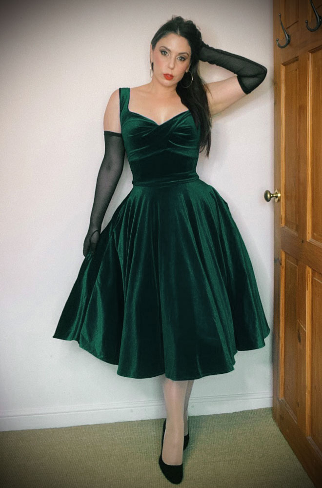 Green Velvet Aurora Swing Dress - an iconic, vintage-inspired dress. A signature piece for the Deadly is the Female Noire Collection. Made in the UK.