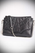 This wickedly divine Spiderweb Handbag is crafted in black leatherette and features a quilted spiderweb design over the front panel.