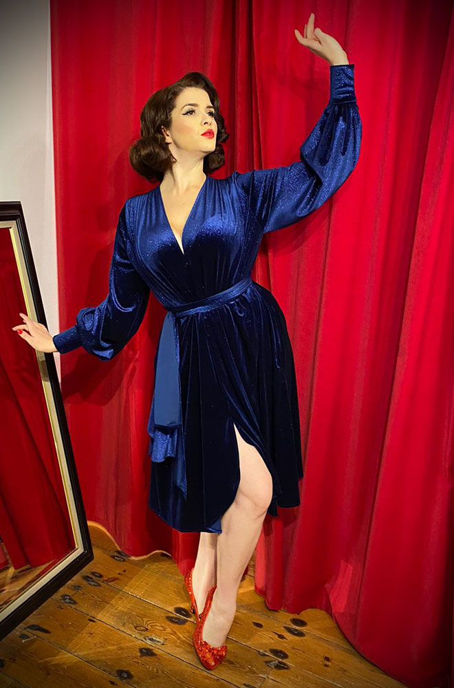 Sparkle Velvet Claudia Dress - a draped evening dress with sash waist & bishop sleeves. A signature piece by Alexandra King for Deadly is the Female.