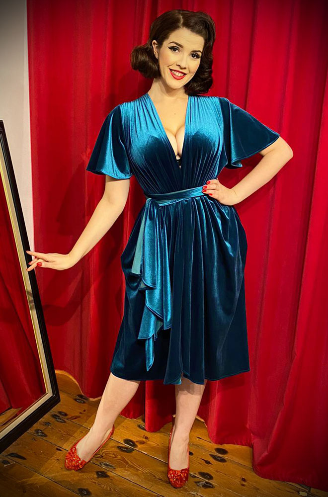 Teal Velvet Claudia Flutter Dress - an evening dress with a sash waist. A signature piece by Alexandra King for Deadly is the Female.