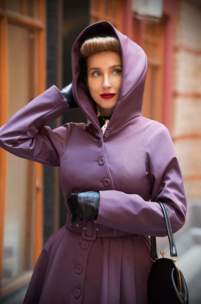 Purple Loris Water Resistant Swing Coat - a stunning 50’s coat with a dramatic silhouette & hood. Deadly is the Female - Miss Candyfloss UK stockists.
