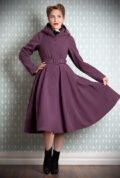 Purple Loris Water Resistant Swing Coat - a stunning 50’s coat with a dramatic silhouette & hood. Deadly is the Female - Miss Candyfloss UK stockists.