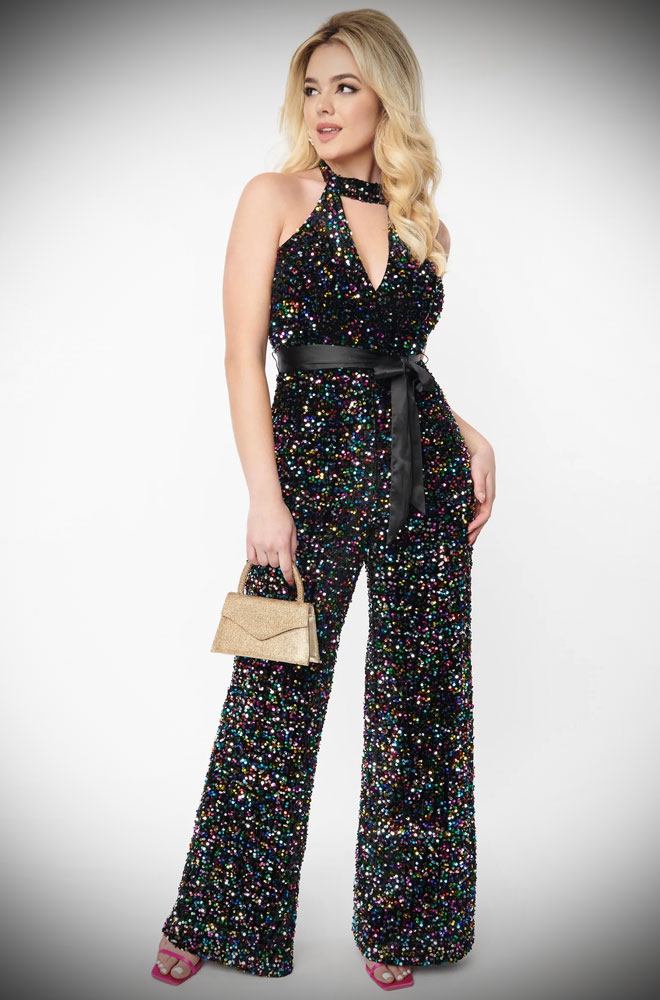 The Rainbow Sequin Jumpsuit is a fabulous retro-style jumpsuit. Designed to dance the night away! Deadly is the Female are Unique Vintage UK stockists.