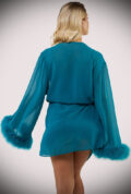 The Teal Feather Trim Robe oozes retro glamour and luxury. A classic mesh robe with a tie waist, finished with fluffy luxurious feather trim on the sleeves.