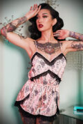 Tattoo Print Lace Playsuit - constructed from soft pink satin with a tattoo design including snakes, florals, and pretty silhouettes.